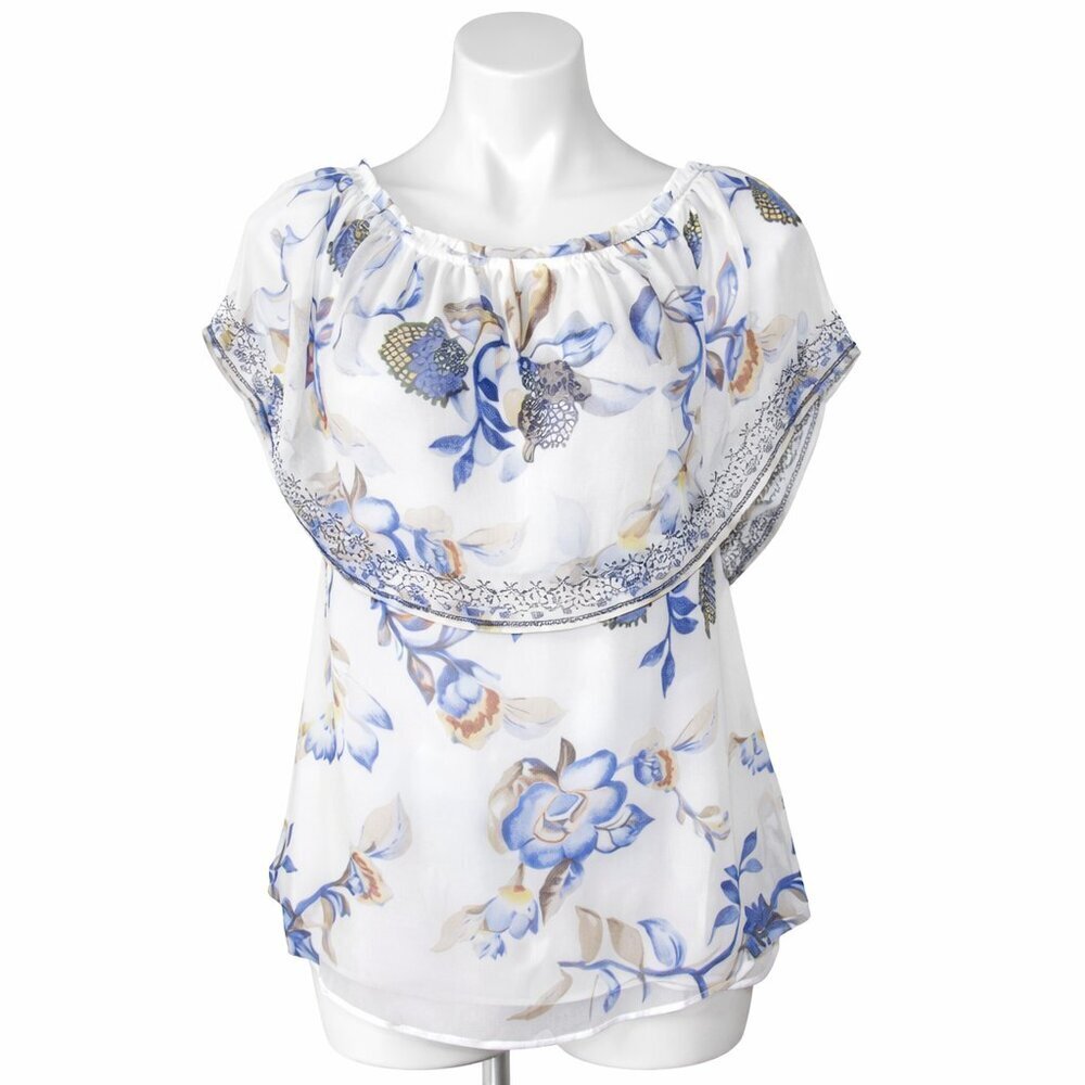 White House Black Market Watercolor Floral Cape-Overlay Peasant Blouse | Size S